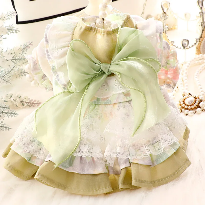 Green Lolita Pet Dog Clothes Summer New Simple Cotton Lace Bow Party Dress For Small Medium Dog Poodle Teddy Puppy Dog Home Wear