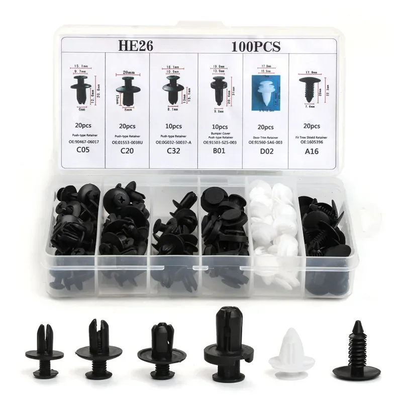 100Pcs Rivets Screw Fastener Assortment Kit - 6 Sizes for VW Ford BMW Toyota Car Auto Plastic Door Fender Repair Clips Push Pins