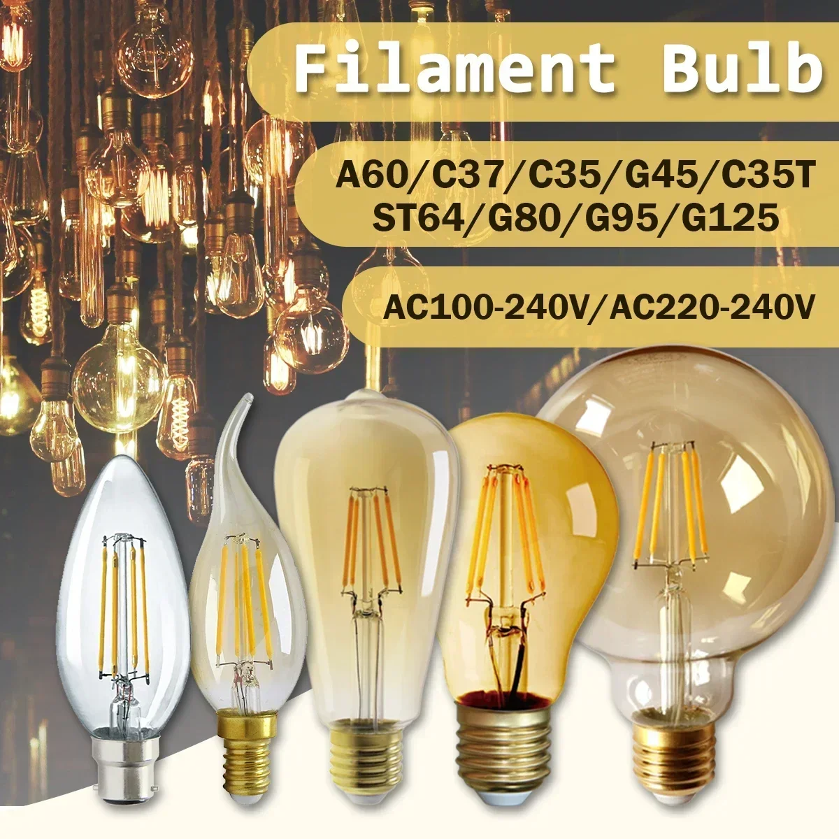 

2PCS E14 E27 LED Filament Bulb C35 C35T ST64 G80 A60 220V 4W 9W Warm White Glass 360 Degree Edison Retro Candle Light Blubs