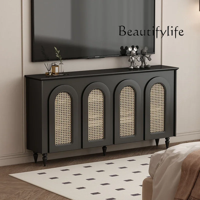 Nordic medieval solid wood TV cabinet high foot leg small apartment audio-visual cabinet