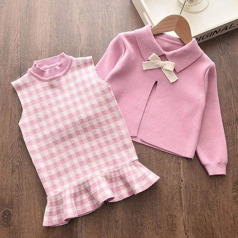 New New Style Girls Christmas Autumn Clothing Knitted Piece GIRL\'S Cute Sweater Suit Skirt Warm Cardigan Pleated Skirt Girl Set