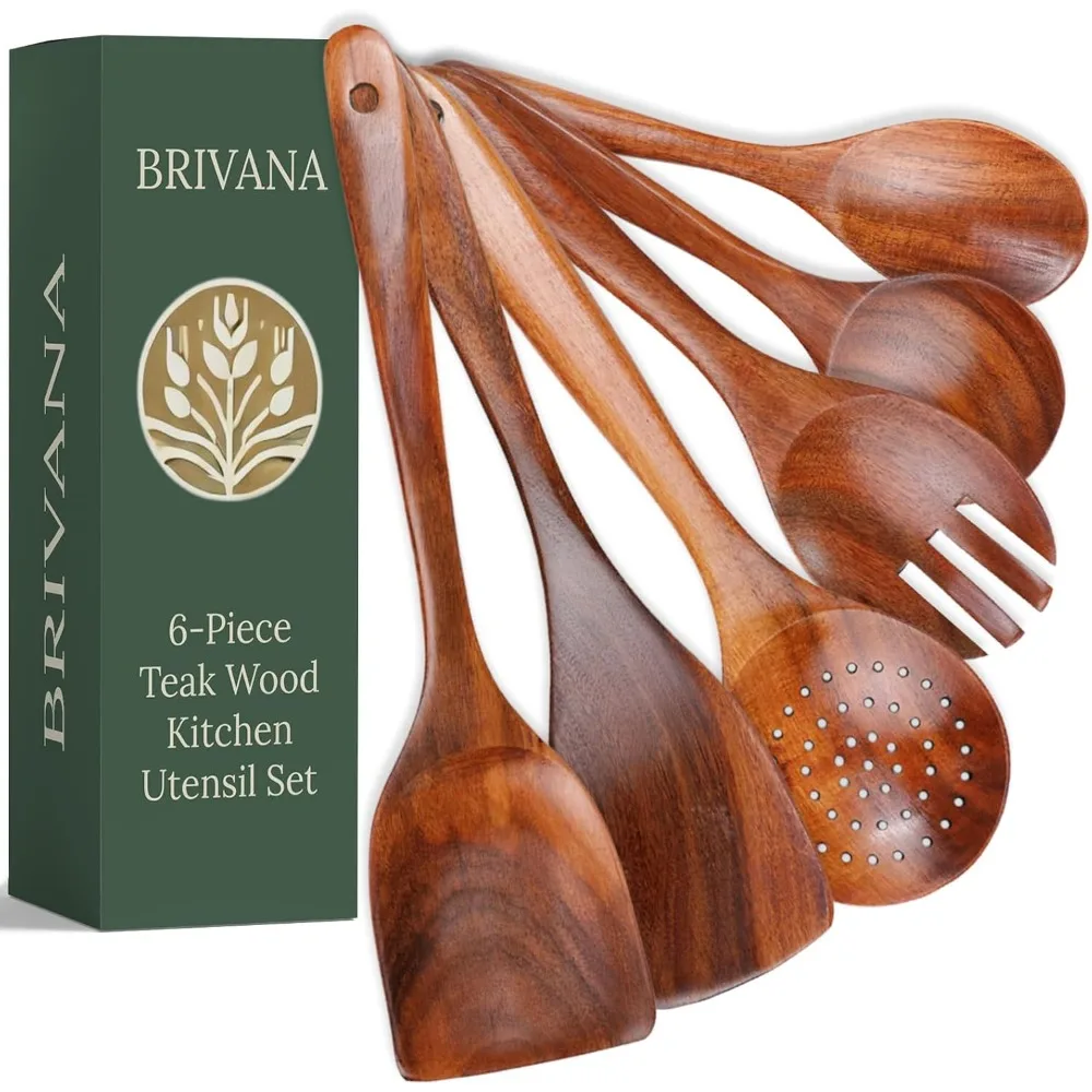 

teak wood kitchen utensil set, 6-piece wooden spoons for cooking, lightweight, heat resistant, durable, easy to clean, comfortab