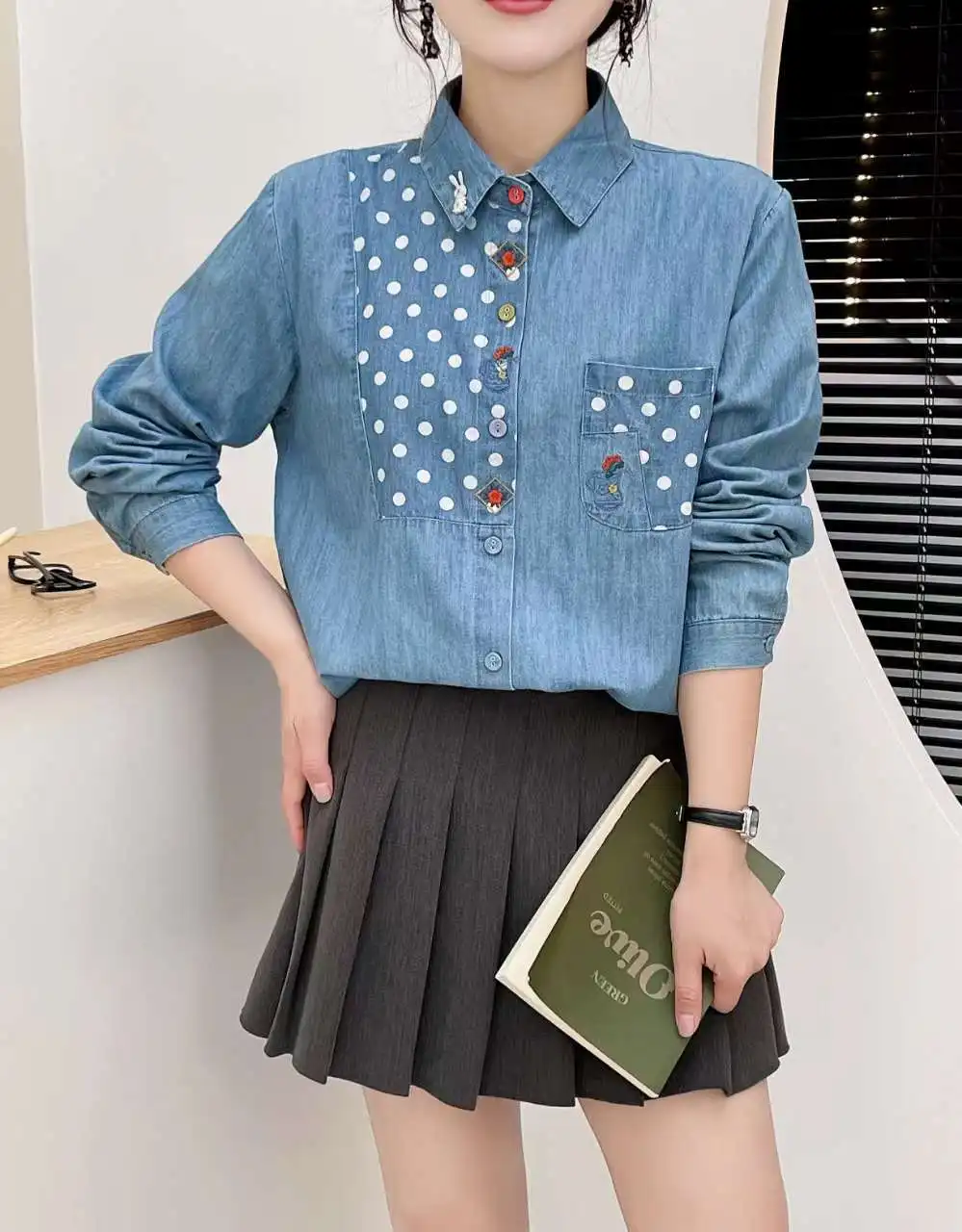 Mori Kei Clothing Japan Style Sweet Chic Polka Dots Patchwork Denim Shirts and Blouses Ladies Office Work Shirts Jean Tops