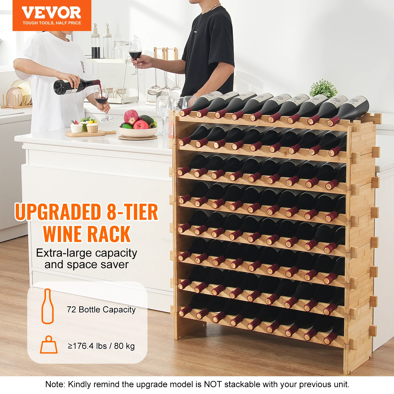 VEVOR 72 Bottle Upgrade Modular Wine Rack Pinot Bottles 8-Tier Bamboo Wood Floor Freestanding Wines Holder for KitchenBar Cellar