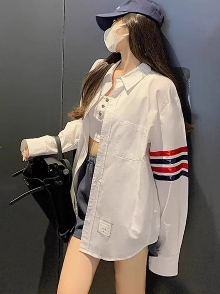 

Long Sleeve Chic Striped Patch Polo Collar Button Up Shirts Oversize Hip Hop Casual Lady Spring Summer All-match Fashion Jackets