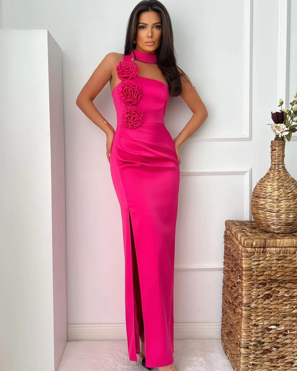 

Customized Modern Style Fashion Charmeuse Handmade Flower Pleat Mermaid Strapless Long Dresses Bespoke Occasion Dresses Formal