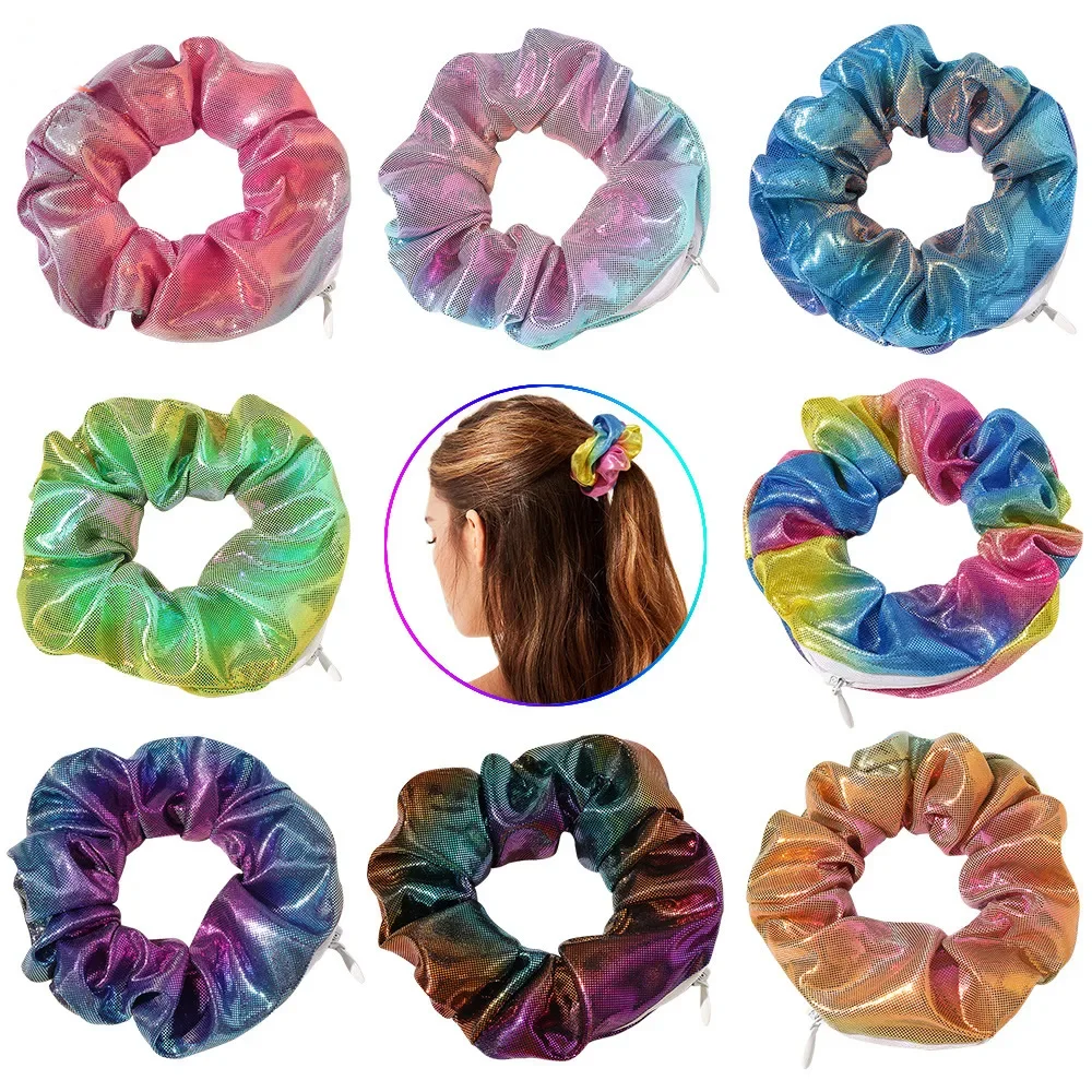 Hidden Safe Hair Tie Laser Cloth Rainbow Hair Scrunchie ⁣⁣⁣⁣Hidden Storage Compartment With Zip Stash Pocket Woman Travel Safe