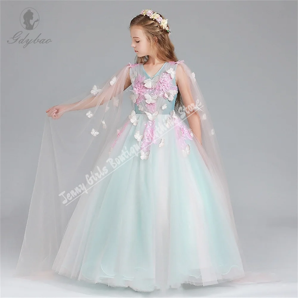 Pink Applique Luxo Princesa Elegante Flor Menina Vestido Para Casamento Puffy Tulle Ball Kids Party Comunhão Vestido De Noite