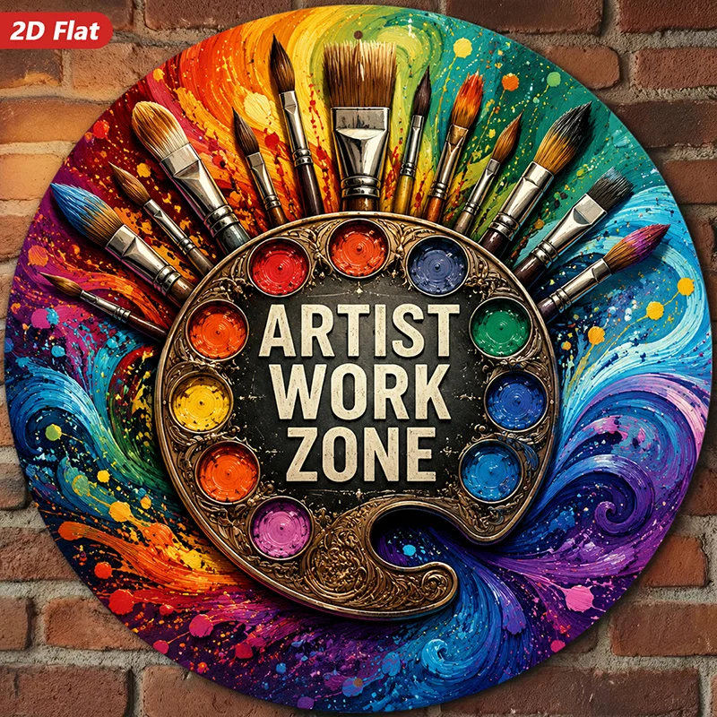 2D Flat, 1pc Creative Artist Round Metal Sign Wall Art, Artist Work Zone Lettering, Colorful Paint Brushes, Circular