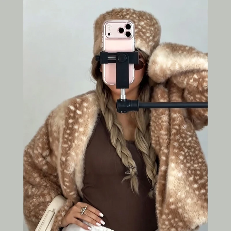 Deer Spot Print Faux Fur Cropped Jacket Women V Neck Long Sleeve Loose Cardigan Coat Cute Chic Outwear Autumn Winter Lady Coats
