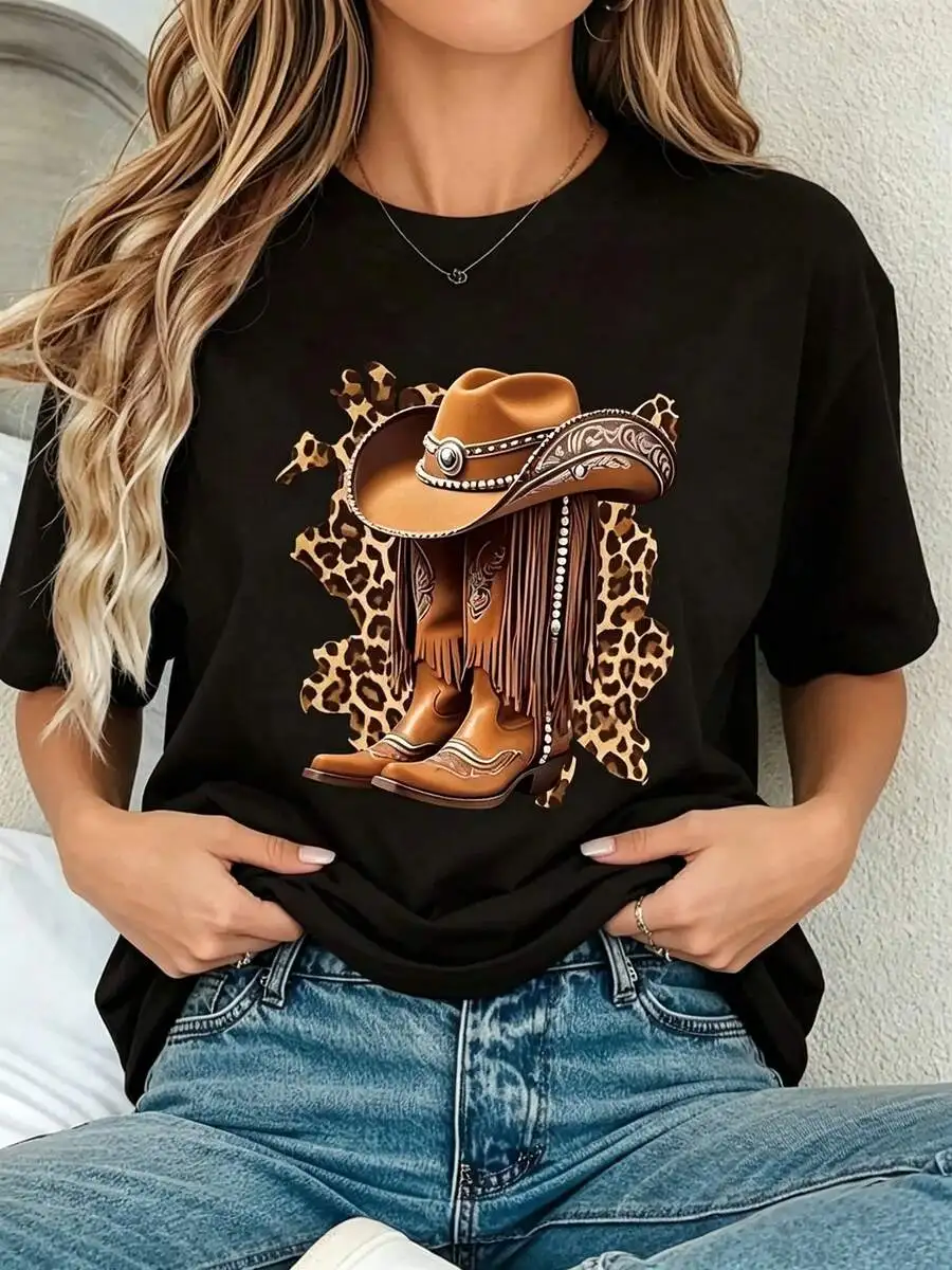 Women Western Cowboy Graphic T Shirt Crewneck Short Sleeve Casual Style Summer Daily Aesthetic Casual Top