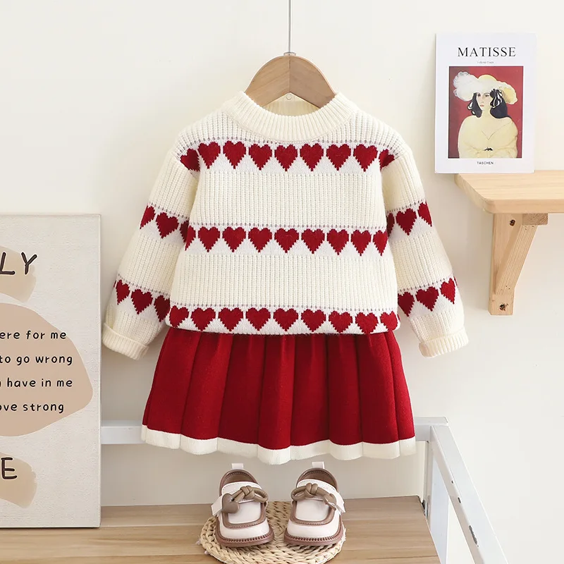 Girls Sweater Love Jacquard Knitted Two Piece Set Autumn/Winter New Pullover Skirt Set