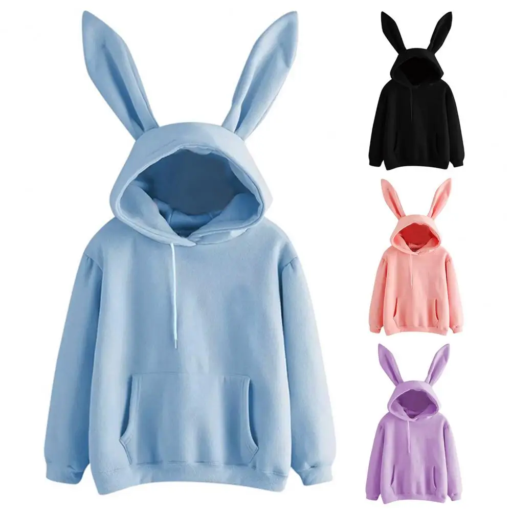 Sporty Women Pullover Long Rabbit Ears Soft Streetwear Pure Color Warm Sweatshirt