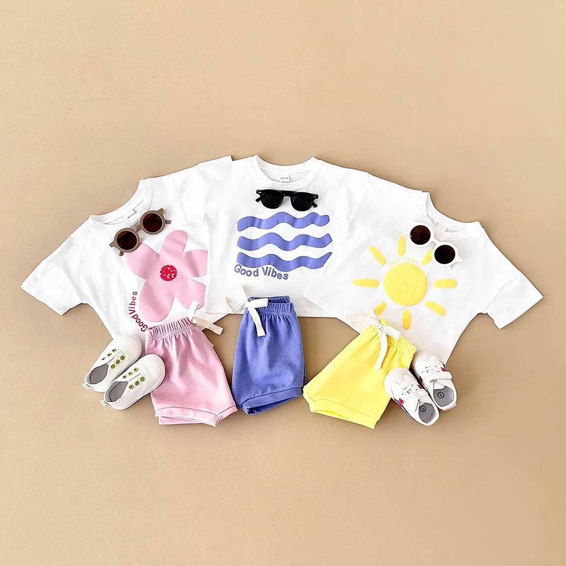 2024 Summer Baby Clothes Set Newborn Cotton Girl Suit Sun Flower Print Short Sleeved T-shirt+Beach Shorts Toddler Boys Outfit