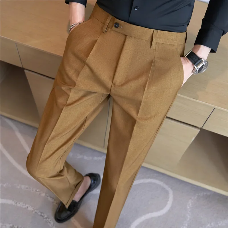 Men Brown Pants 2024 Autumn New Casual Elastic Slim Fit Suit Pants Dress Trousers Pantalon Homme Wedding Party Men Clothing