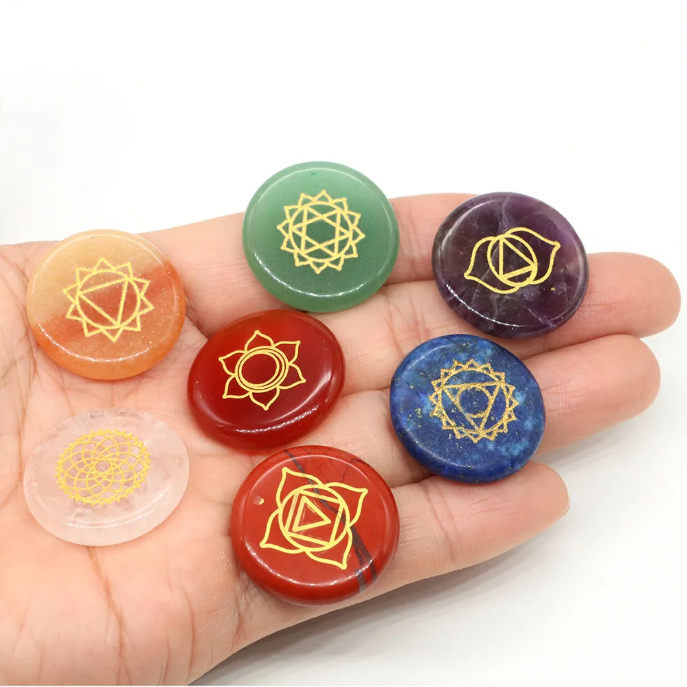 Healing Stone 7 Chakra Reiki Symbol Crystal Set Wicca Engraved Rune Spirit Reiki Energy Meditation Yoga Aura Gemstone Decor gift