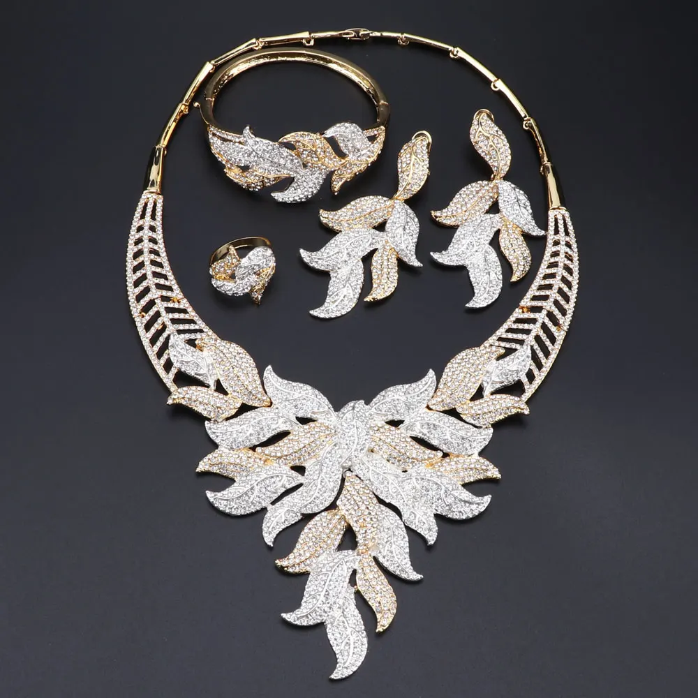 New Luxury Nigeria Wedding Bridal Dubai Jewelry Sets Golden And Sliver Big Leaf Crystal Pendant Necklace Earrings Parure