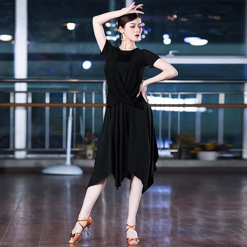 Dancing Outfit Women's Dress Latin Dancer Black Round Neck Dress Dresses for Dancing Parties Big Hem Skirt Line Dance Costume