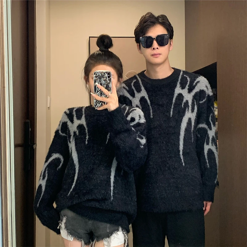 

2025 мужской свитер, хипстерские вязаные свитера для пар, повседневный свободный пуловер в стиле хип-хоп, уличная одежда Y2K, трикотаж унисекс