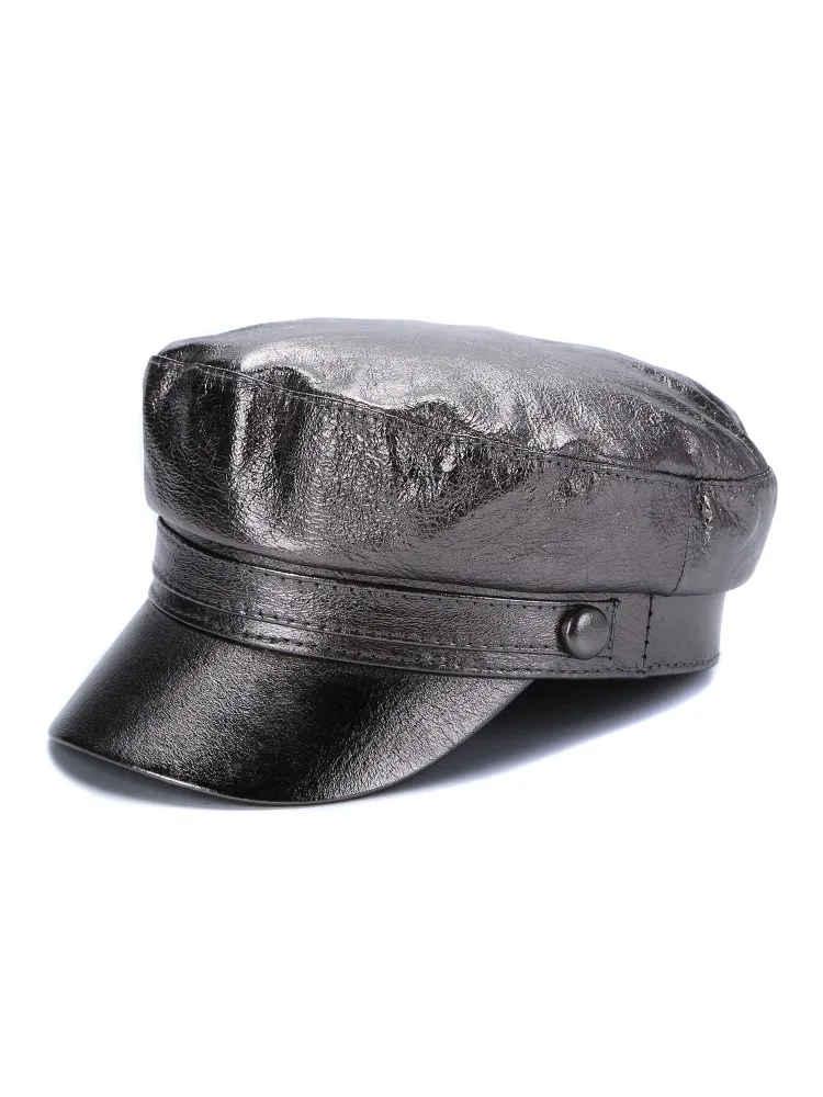 Women Autumn Natural Sheepskin Peaked Cap Winter Student Genuine Leather Military Hat Casual Sun Protected Letters Printed Hats