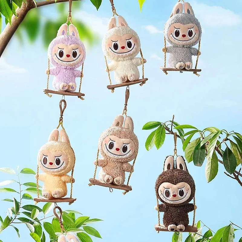 POP MART Labubu Wood Workshop Series Swing Plush Pendant Keychain Anime Action Figure Guess Bag Ornament Figurines Home Decor