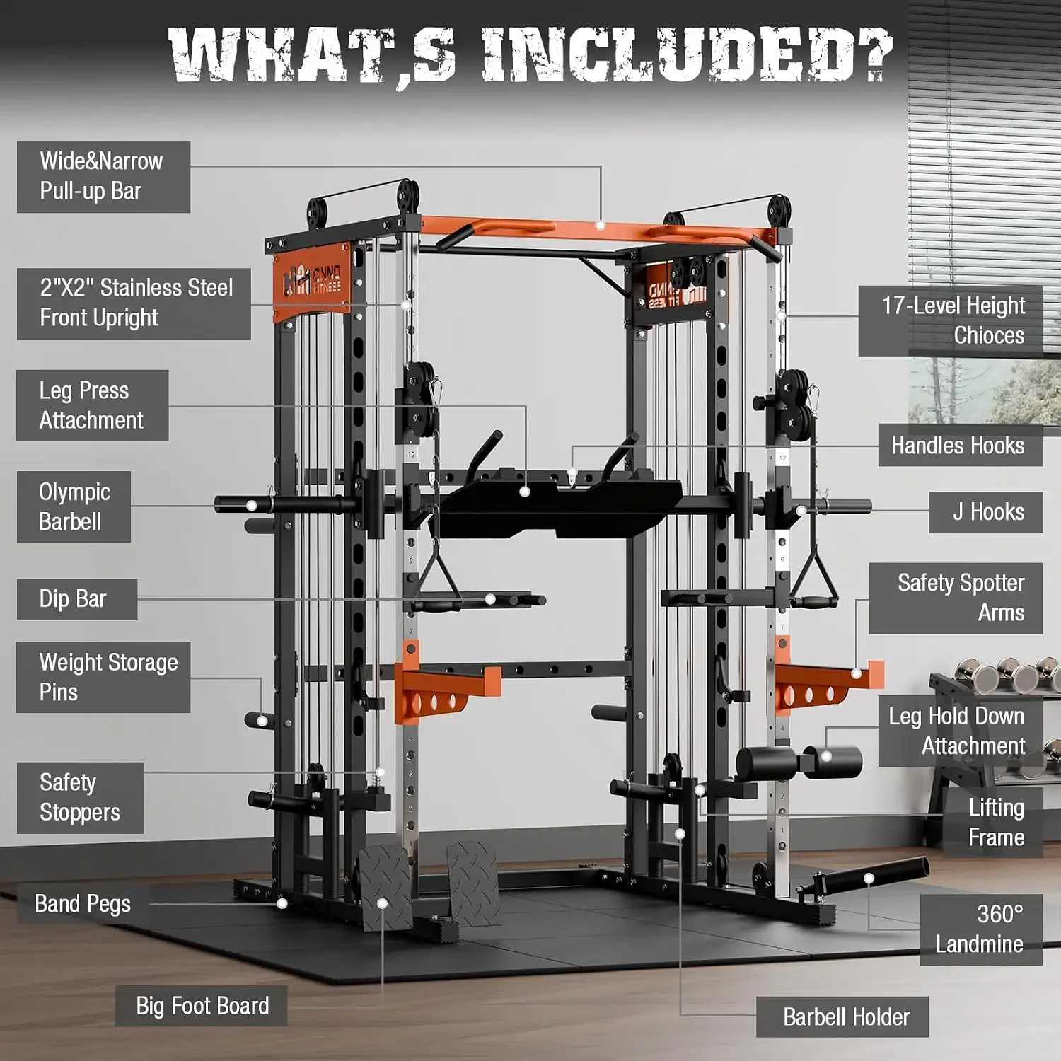 Smith Machine with Leg Press Attachment,2200lbs Squat Power Rack with LAT-Pull Down System & Cable Crossover, Customized