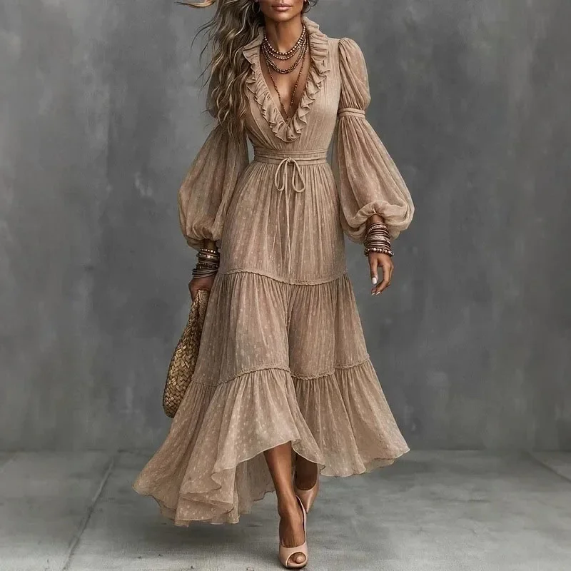 Women Solid V Neck Ruffle Trim Maxi Dress Lantern Long Sleeve Drawstring Waist Tiered Flowy Dress Elegant Boho Party Guest Dress