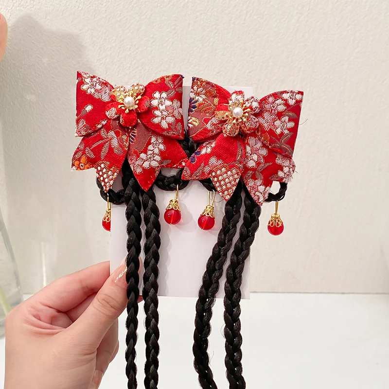 2 PCS Girls Chinese Style Hanfu Headdress Bow Hair Clip Wig Braid Hairpin Side Clip Hair Accessories For Children's Gift – Detail 5