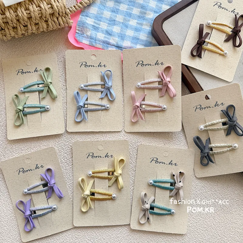 

2 шт./компл., корейские заколки для волос с бантом Cottagecore, жемчужные зажимы BB для девочек, заколки с боковой частью и челкой, головной убор с бантом
