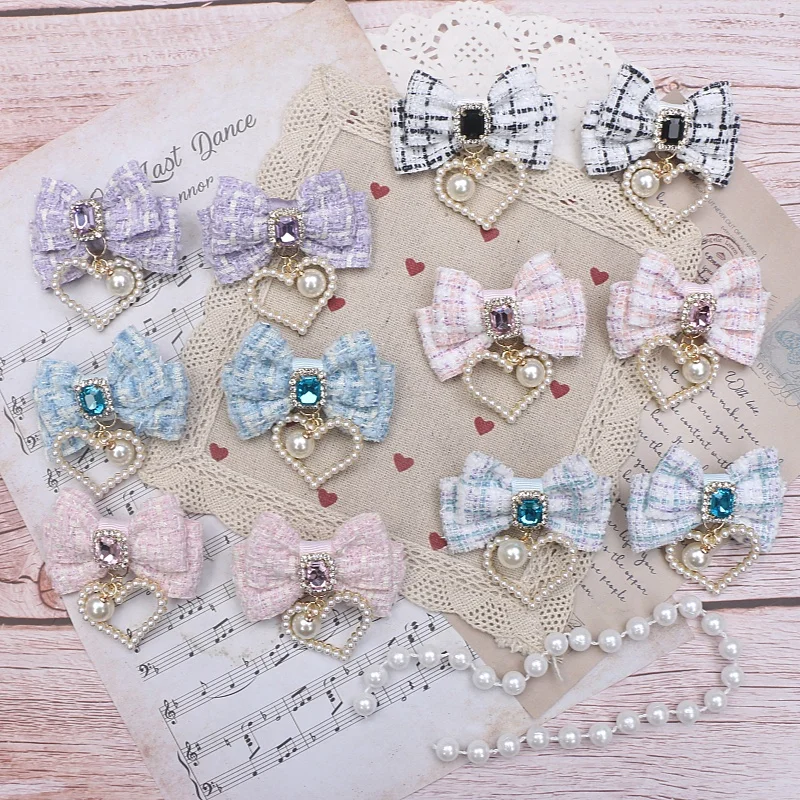 

Handmade Japanese Sweet Lady Lolita Plaid Bow Pearl Pendant Small Pair Hairpin Side Clip for Women