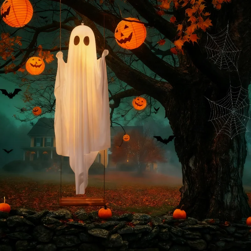 في الهواء الطلق كبير شنقا سوينغ شبح هالوين الديكور مع أضواء لطيف شبح الديكور مع Led لشجرة فناء الشرفة