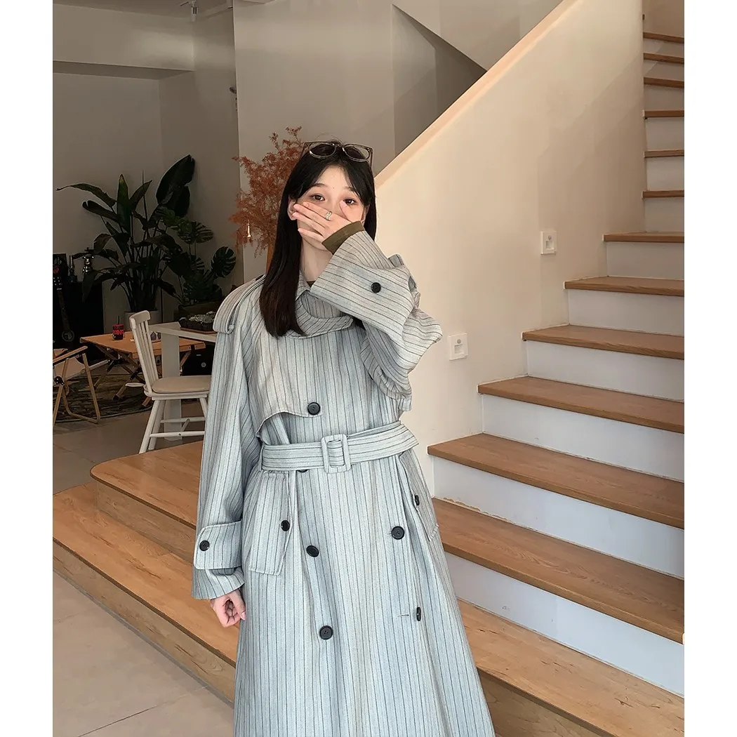 

SuperAen Turn-down Collar Double-breasted Trench Coat for Women Autumn New Elegant Fashion Design Spliced Loose and Long Coats