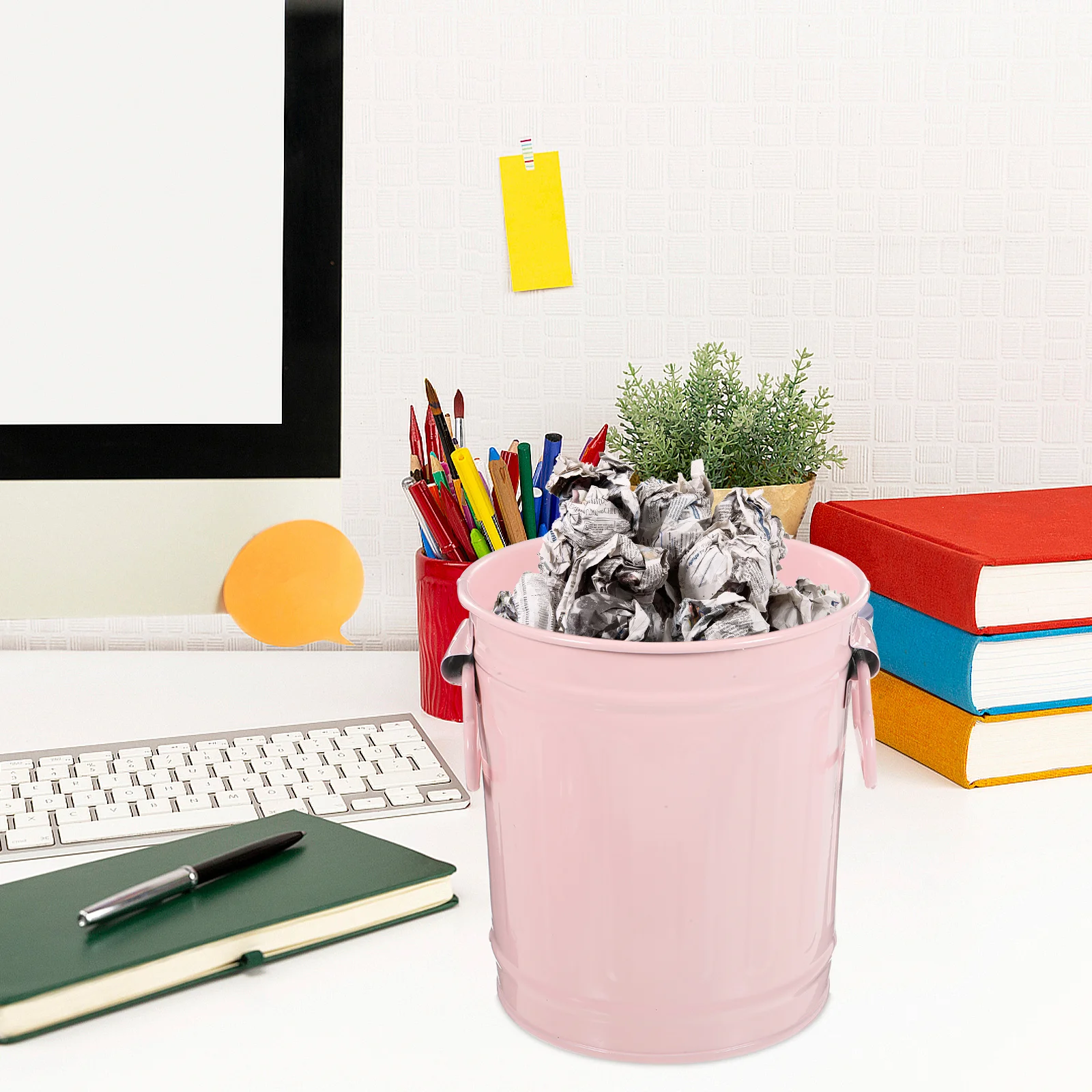 

1pc Desk Trash Can Metal Large Capacity Waste Bin With Lid Vintage Style Countertop Garbage Container For Office Home Dorm