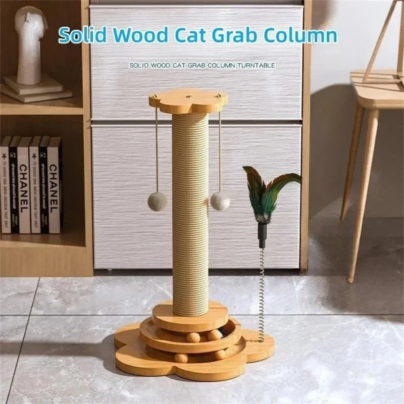 Toy Solid Wood Cat Turntable Funny Cat Stick Balls Durable Sisal Scratching Board Cat Supplies Cat Grab Column image 3