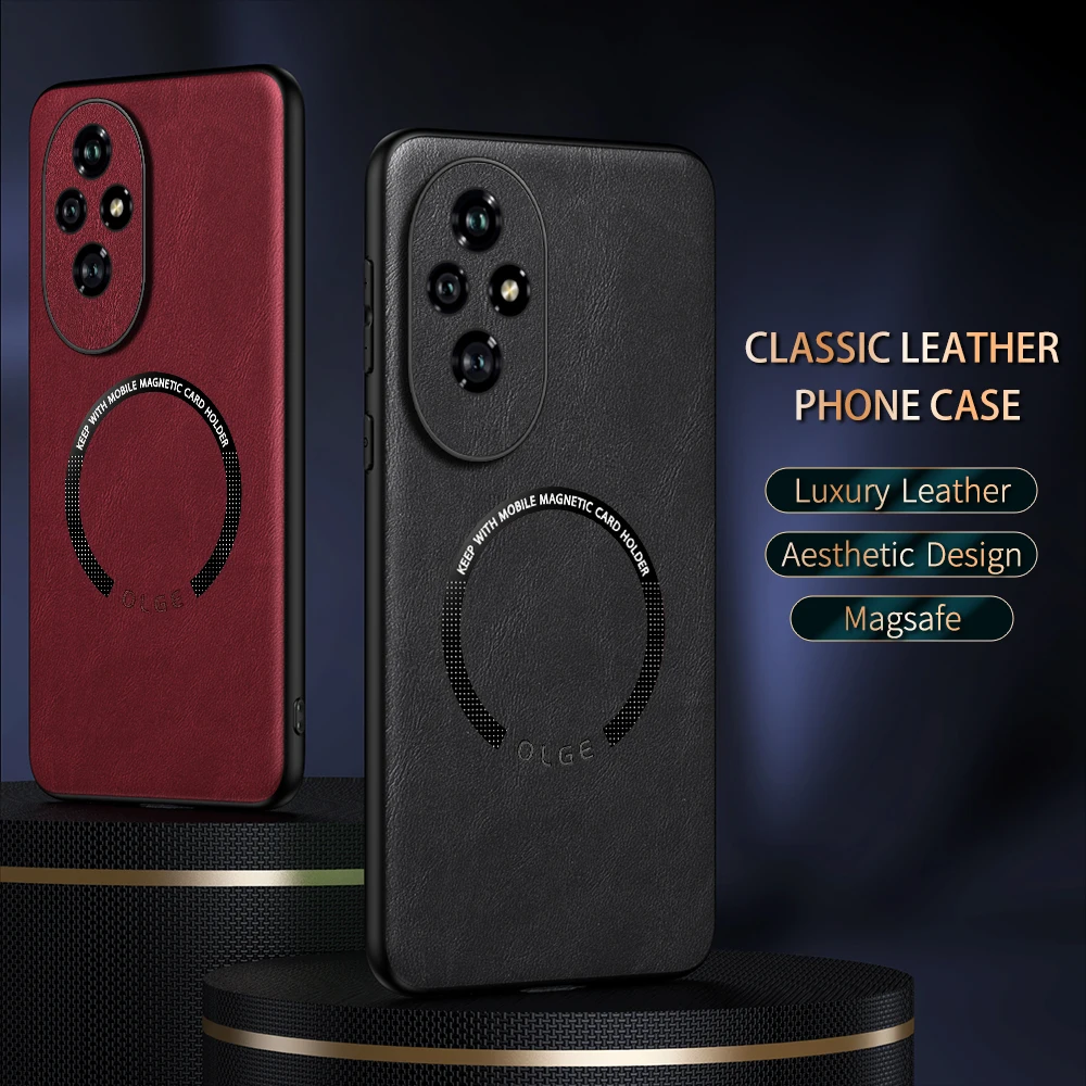 

OLGE Luxury Texture Classic Leather Case for Huawei Honor 200 Support Car Mount Magnetic Stand Wireless Charging Protective Case