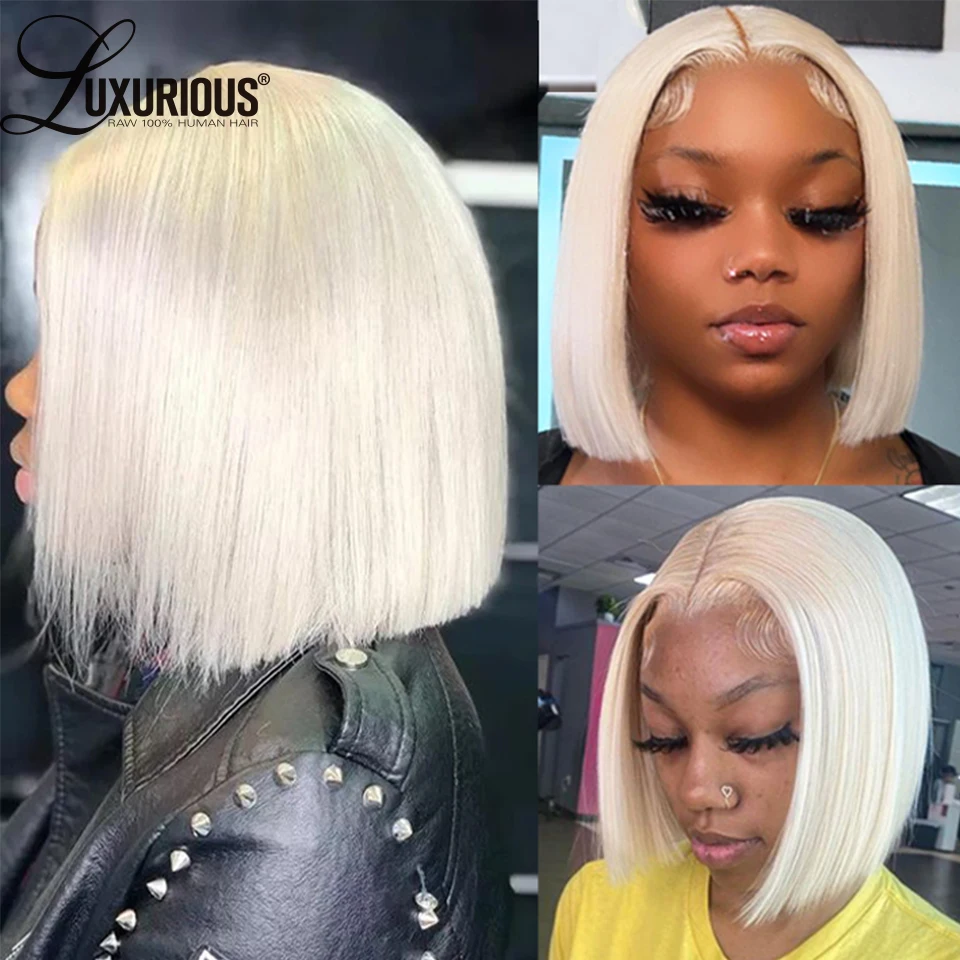 White Blonde Straight Short Bob Human Hair Wigs Glueless 13x4 Blonde Lace Front Wig For Women Transparent Lace Brazilian Hair