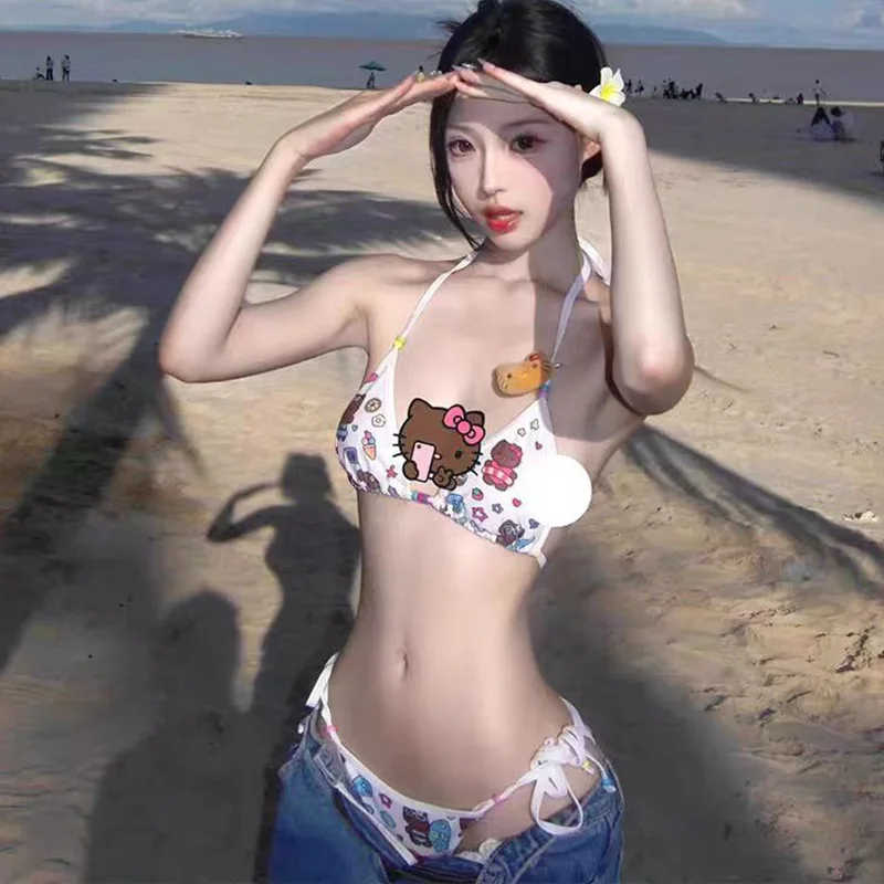 

Kawaii Japanese Hello Kitty Girls Split Strap Summer Bikini Seaside Fashion Resort Swimsuit Leopard Print Cartoon Take Pictures