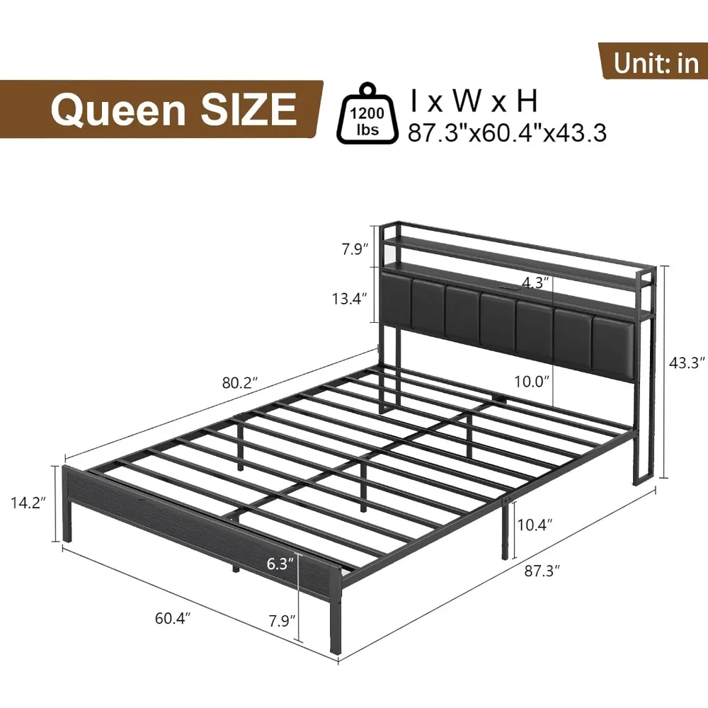 Bed Frame w Headboard, Metal Bed Frame with Charging Station and LED Lights, Heavy Duty Bed with Storage Shelves,No Box Spring