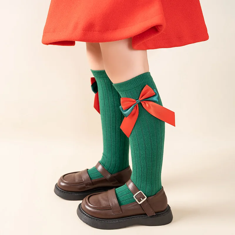 Red/Green Girls Christmas Tube Socks Autumn Winter Solid Kids Knee High Socks Big Bow Soft Toddlers Princess New Years Long Sock
