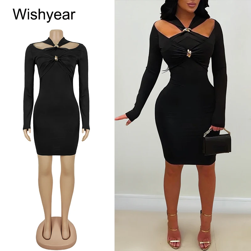 

Сексуальное облегающее мини-платье Wishyear для женщин: черное, с длинными рукавами, вырезами и приталенным силуэтом, для вечеринок и дней рождения