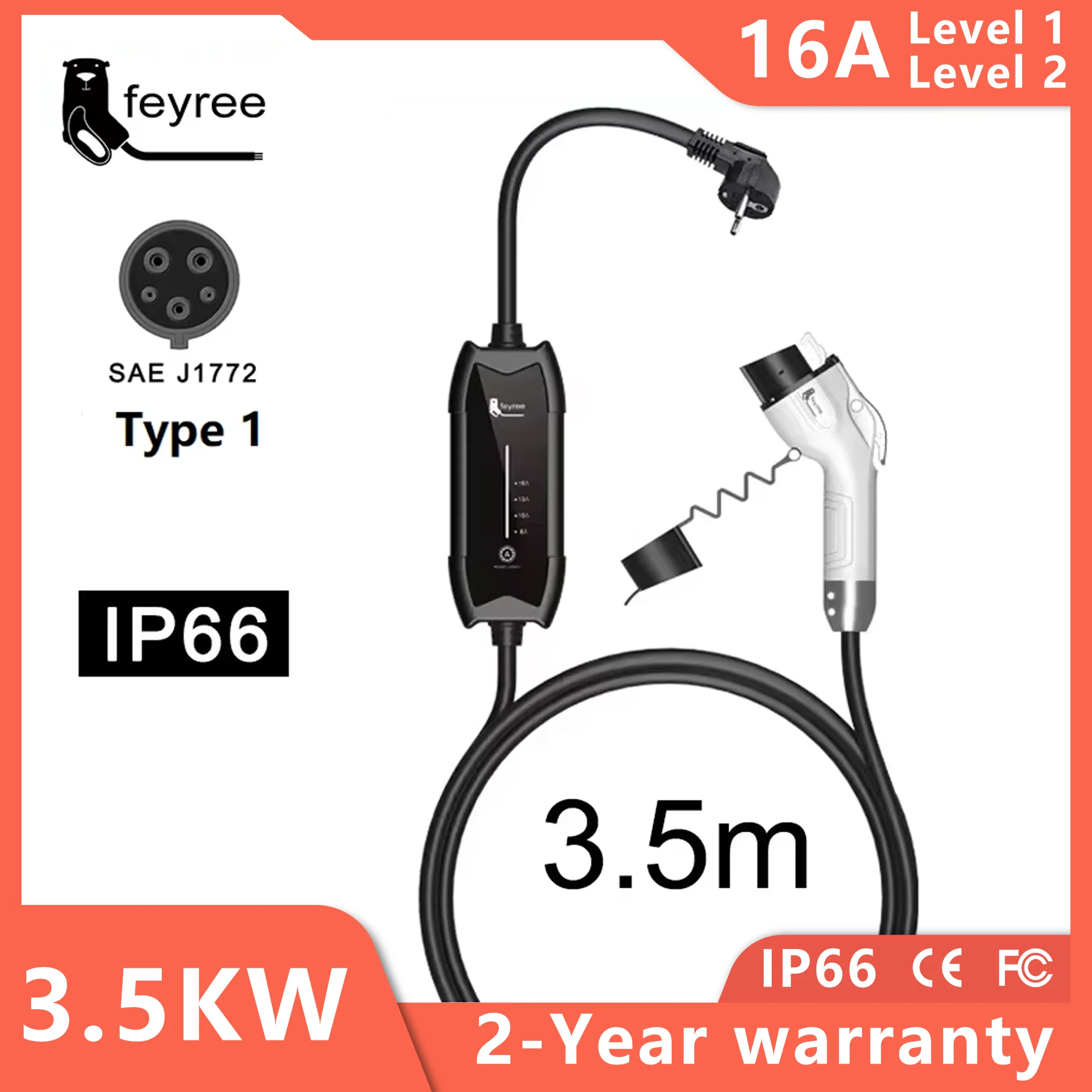 feyree EV Portable Charger Type2 / GB/T Plug 16A 3.5KW 1Phase Type1 3.5m Charging Box Current Adjustable for Electric Vehicle