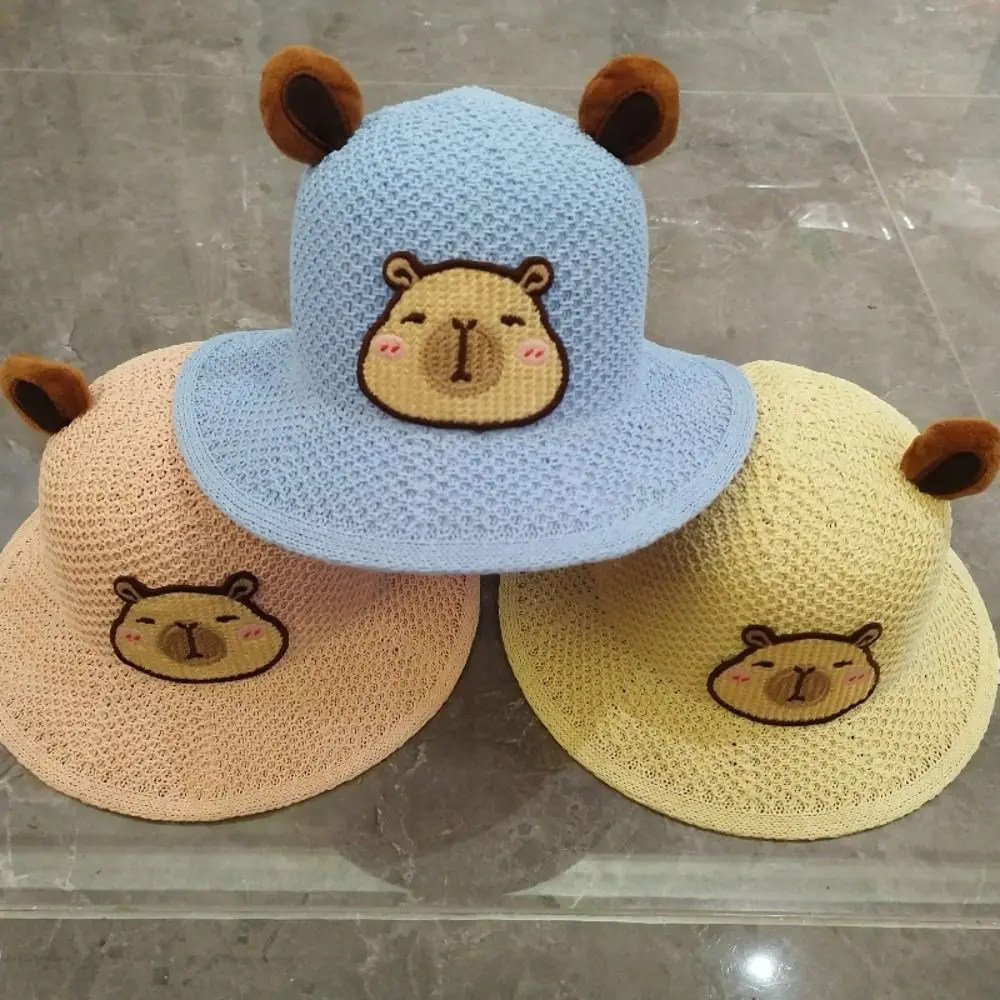 

New Sweet Children's Capybara Sun Hat Portable UV protection Cartoon Straw Cups Wide Brim Outdoor Travel Fisherman Cup