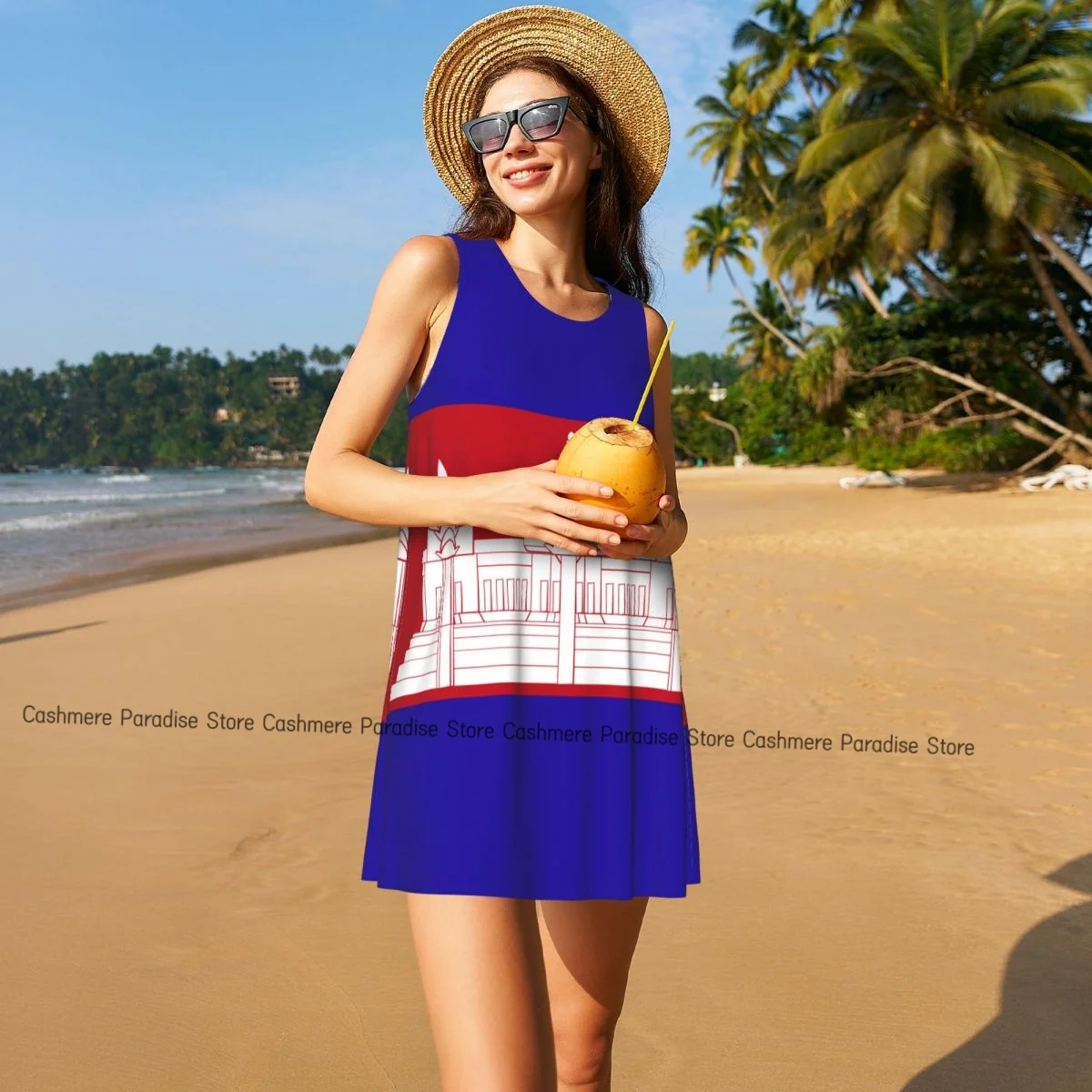 فستان نسائي بعلم كمبوديا فساتين صيفية كاجوال تي شيرت لتغطية الشاطئ فستان بدون أكمام #1