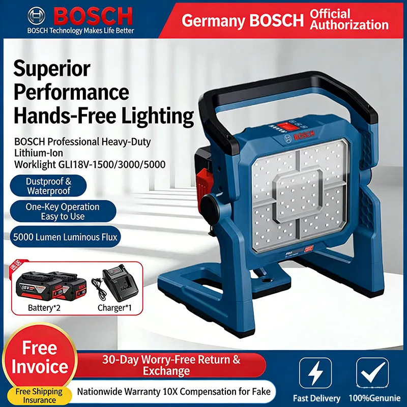 

Аккумуляторный промышленный прожектор Bosch Li-Ion GLI18v-1500/300/5000 для авторемонта, рыбалки и других работ, портативный
