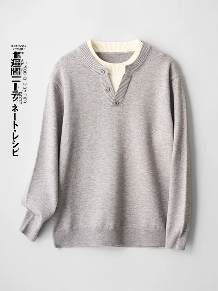 

Japanese Style Lazy Fashion Double Layer Henry Collar Knitted Sweater Men Trendy Wool Blend round Neck Overhead Sweatshirt