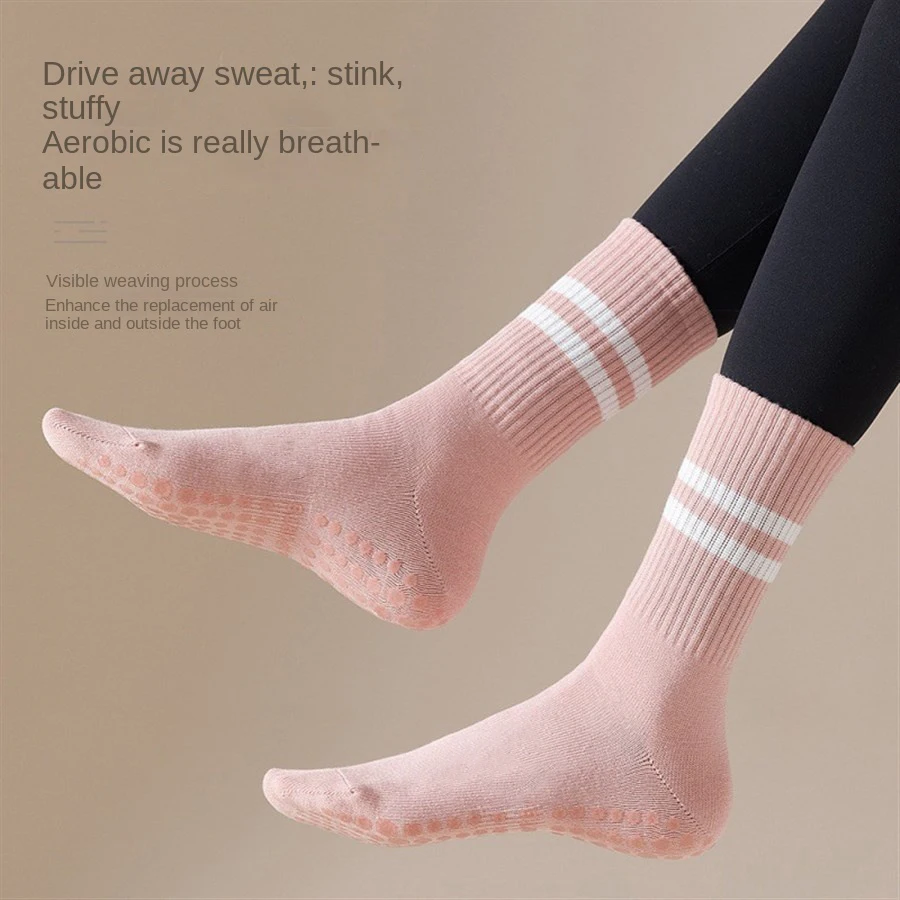 1 pair of women's yoga socks, skipping rope sports socks, Pilates indoor anti slip floor socks, double bar mid leg socks