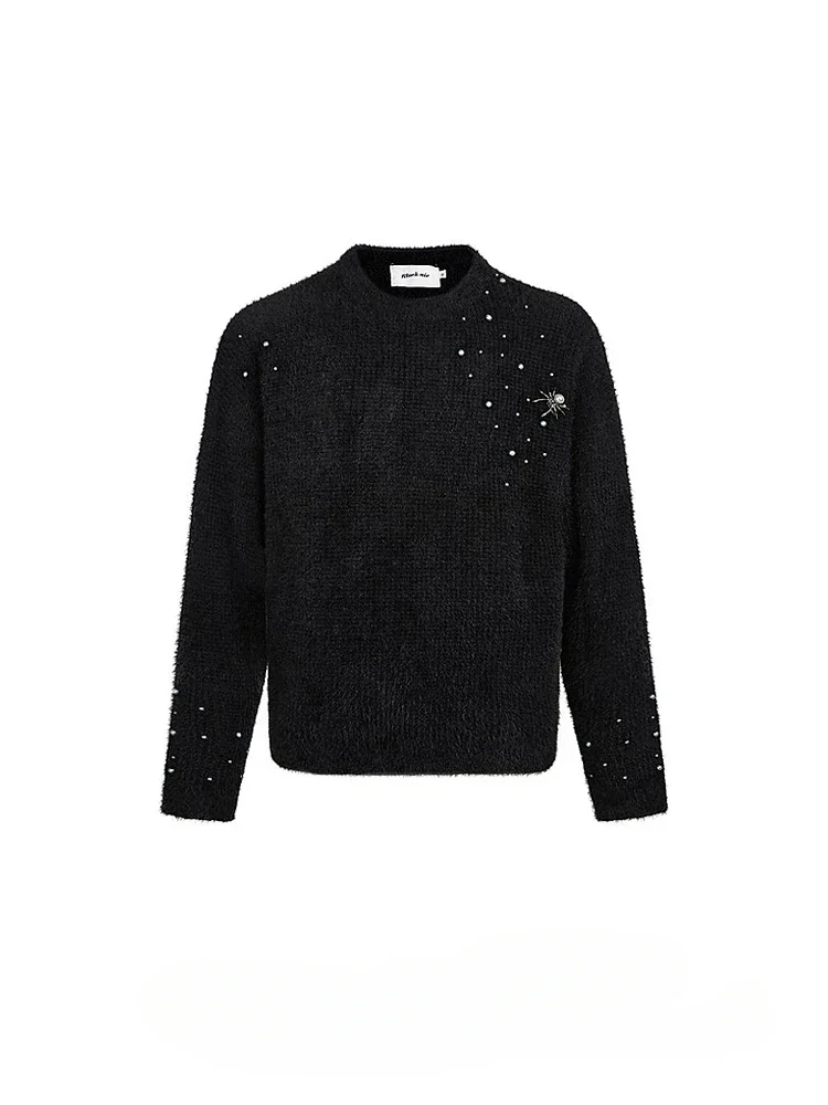 American Style High Street Knitted Tops Spider Beaded Imitation Mink Sweater Men's 2024 Trendy High-end Pullover Knitted Sweater