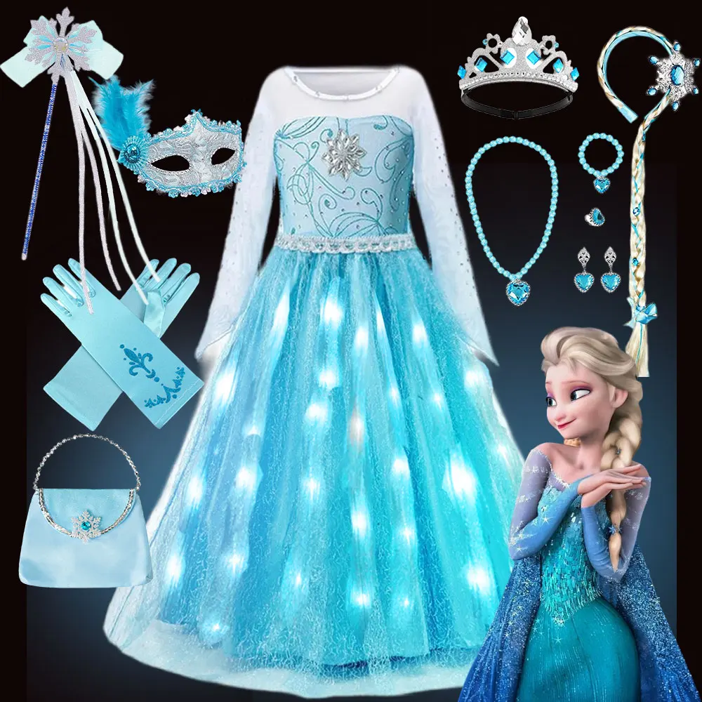 

DISNEY Frozen Inspired Princess Elsa Role Play Costume Dress with LED Light 2024 Summer Carnival Birthday Party Girls Clothing