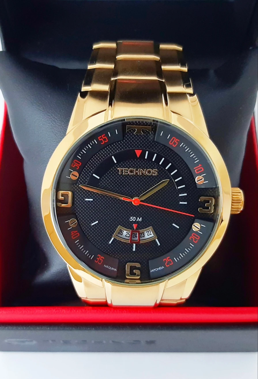 Relógio Technos Masculino Grande Dourado Com Calendário the Prova d'água