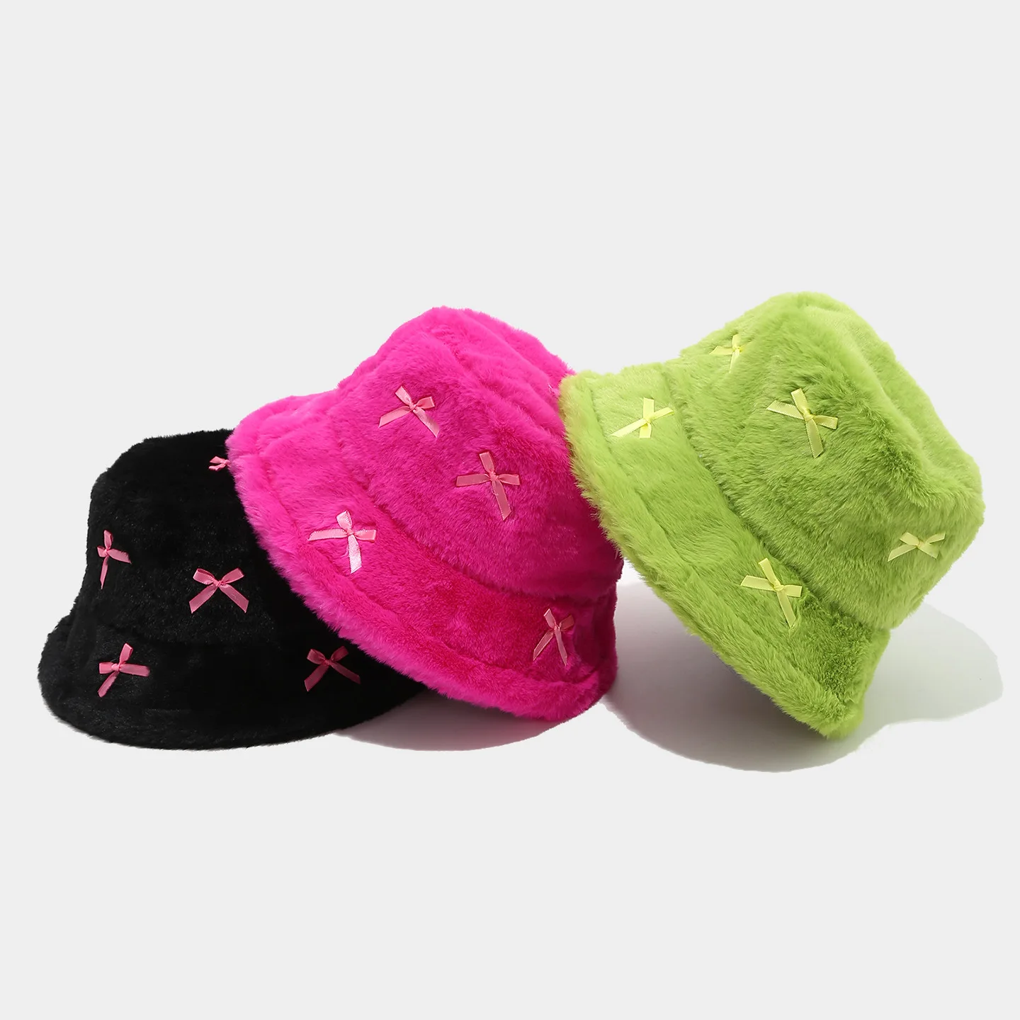 Literary And Artistic Style Fresh And Girlish Bow Tie Plush Fisherman Hats Female Trend Street Versatile Basin Cap